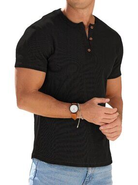 Men's Muscle Henley Gym Workout Athletic Short Sleeve Slim Fit Lightweight Shirt